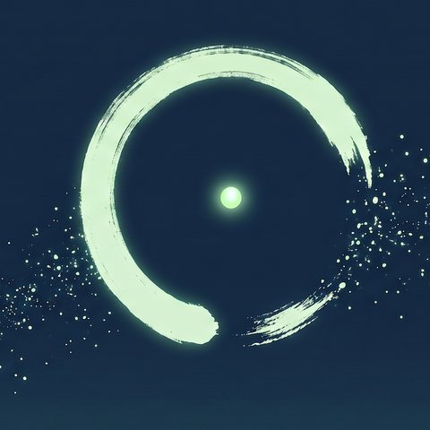 Un ensō abierto con una luz en su centro, sobre el cielo nocturno