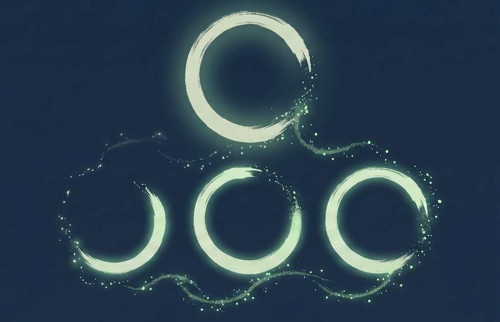 Tres ensō enlazados por un hilo de luz que asciende hacia un ensō mayor