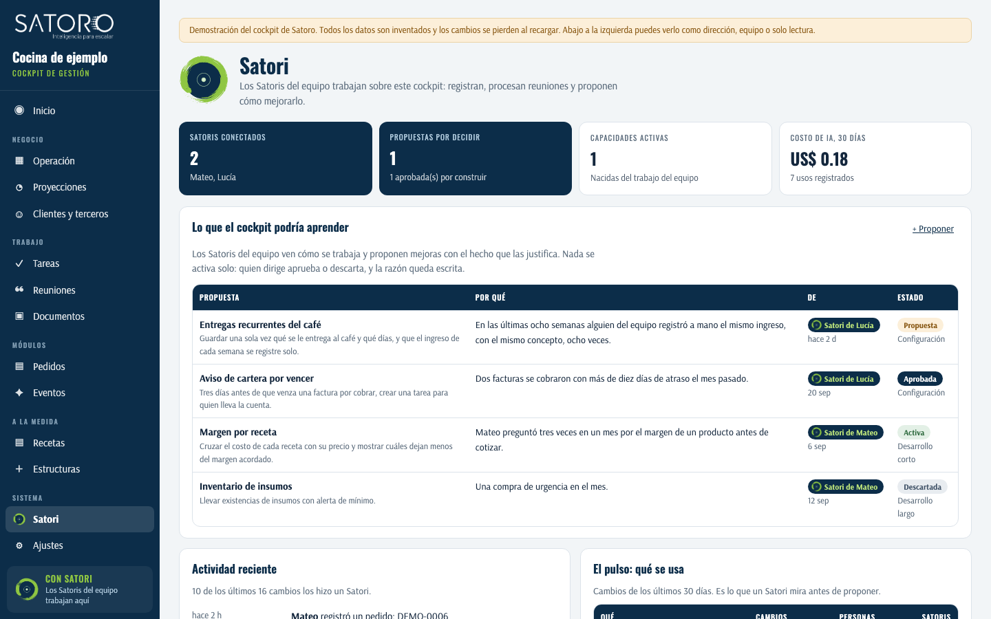 Pantalla Satori del Cockpit de demostración: Satoris conectados, propuestas por decidir y una tabla de mejoras propuestas con el hecho que las justifica y su estado
