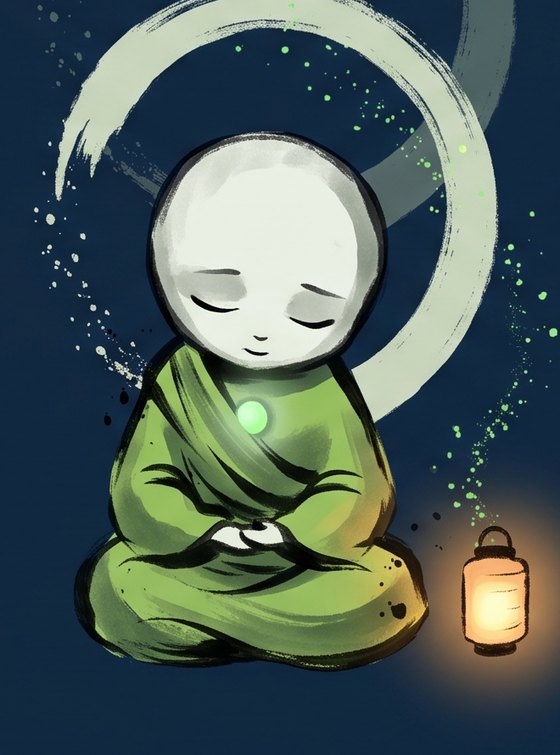 Satori meditando en calma junto a su linterna encendida