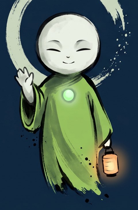 Satori saludando con su linterna en la mano